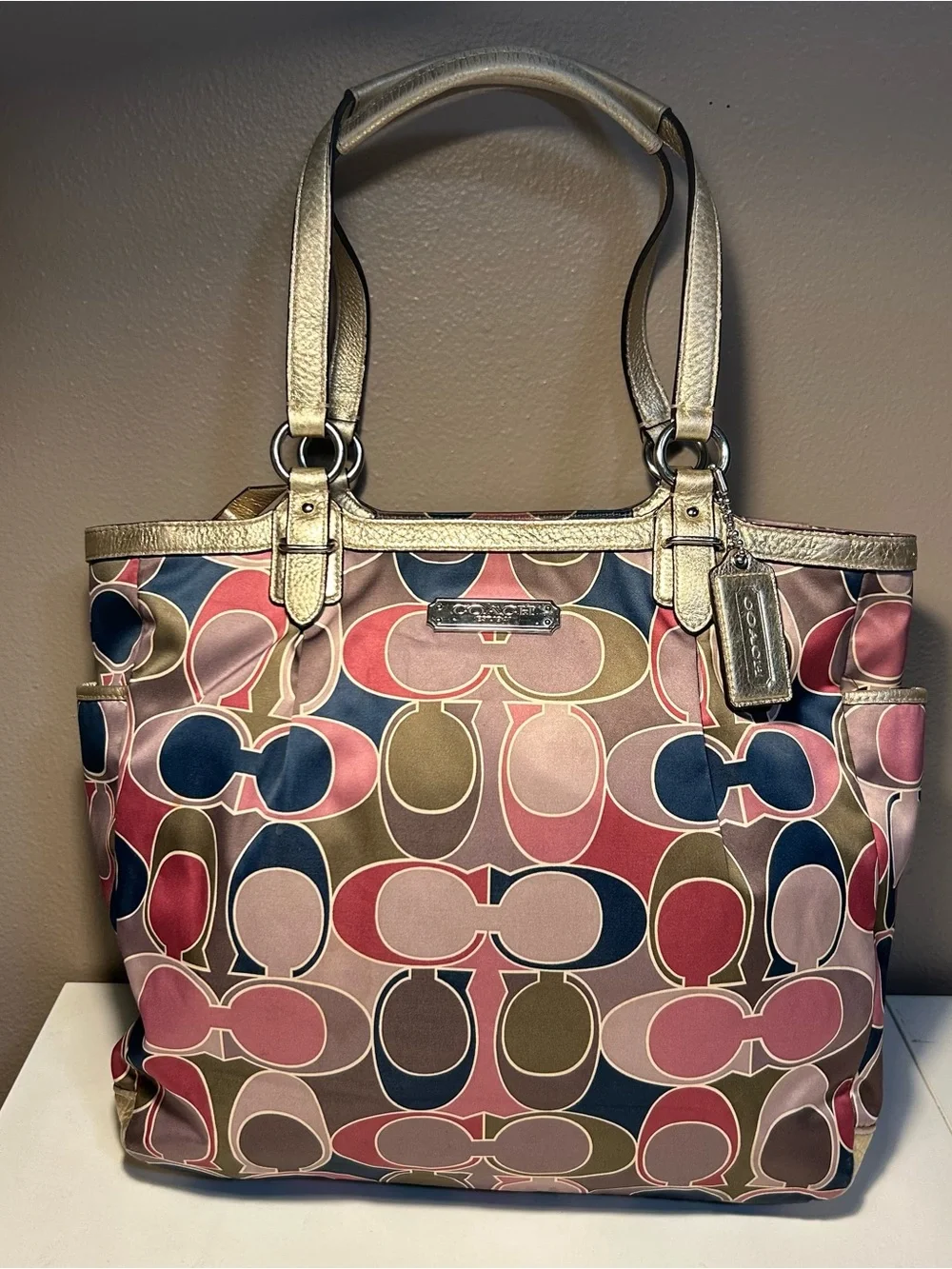 Coach Multicolor Op Art Scarf Tote Shoulder Bag Signature Sateen